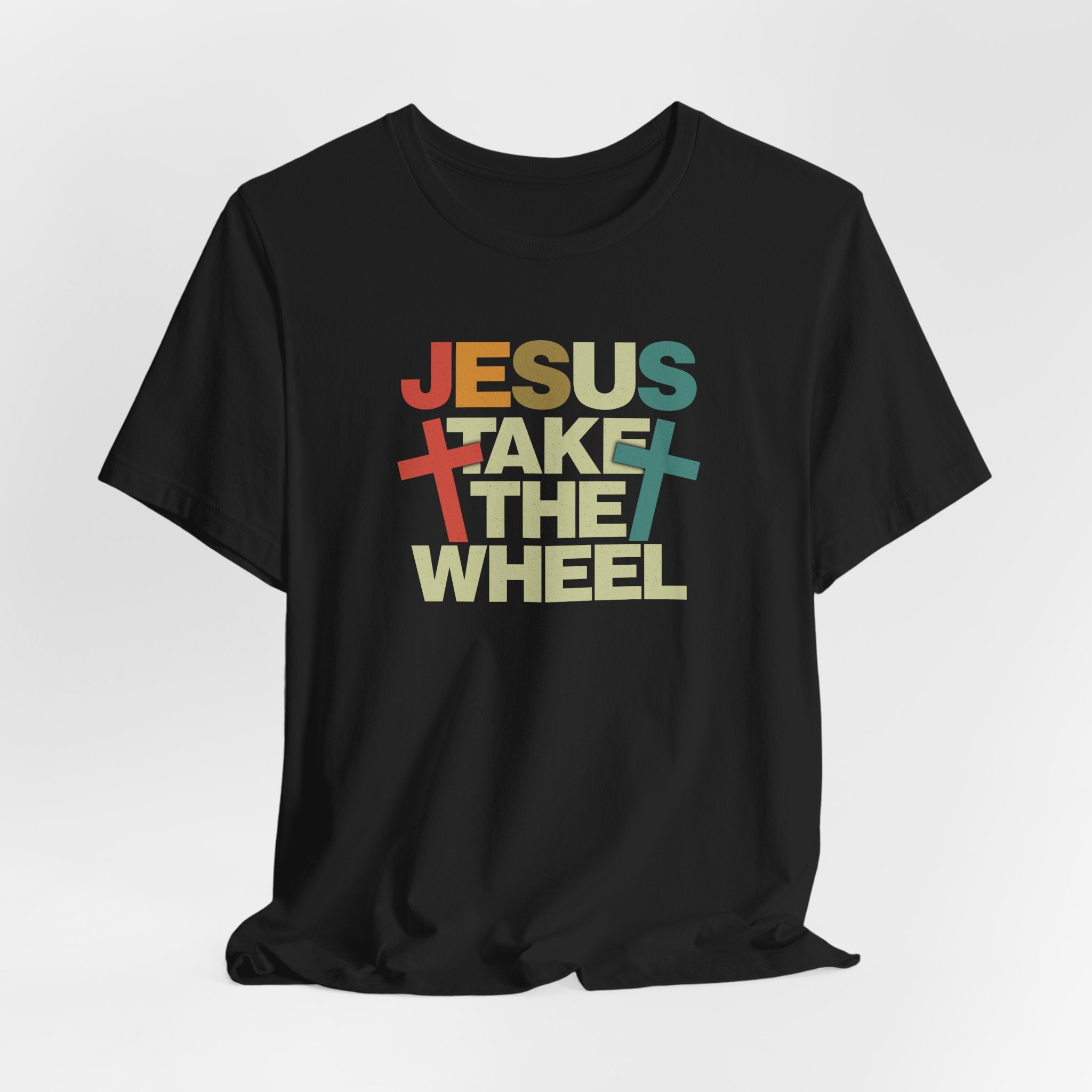Jesus Take The Wheel Retro T-Shirt — Vintage Multicolour Faith Tee