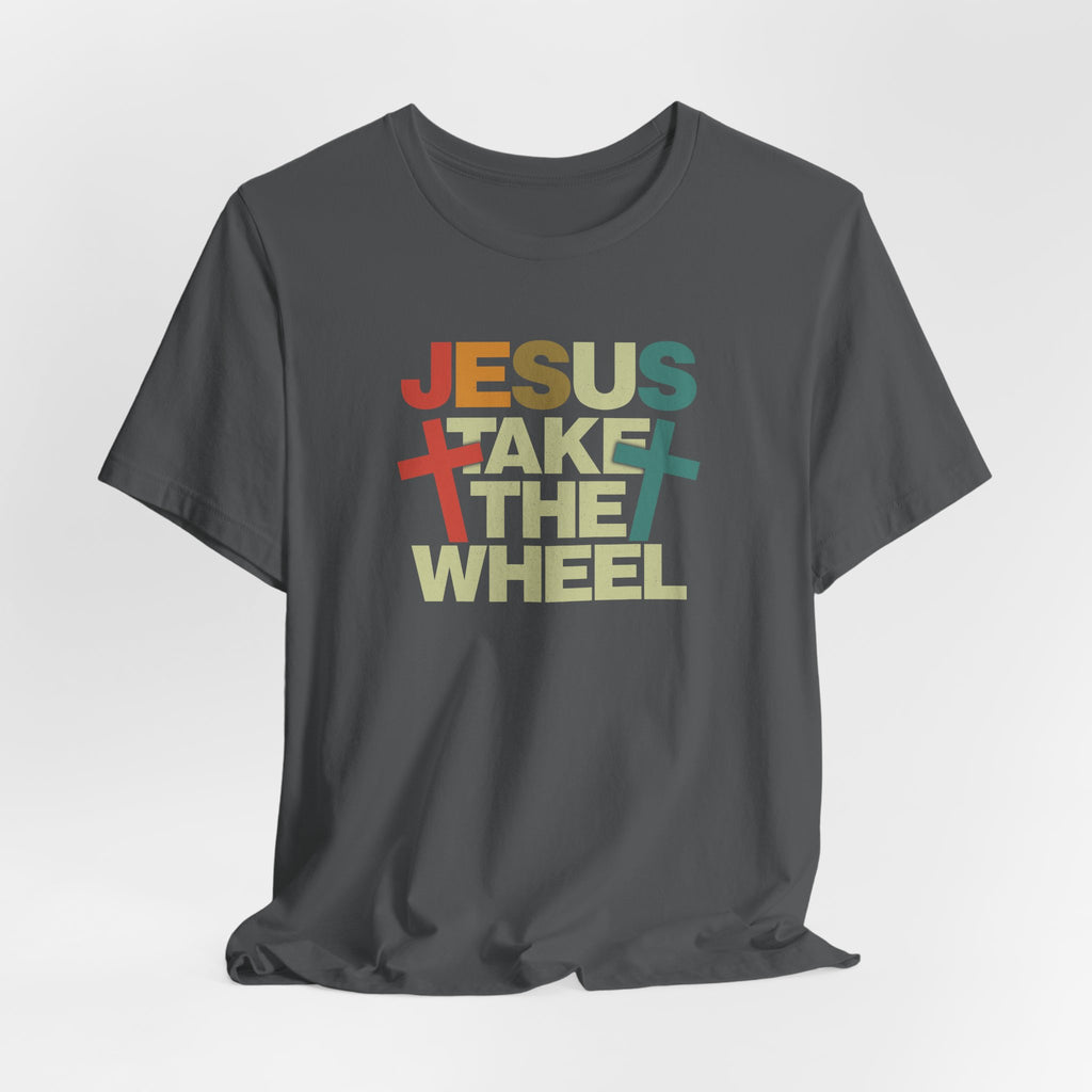 Jesus Take The Wheel Retro T-Shirt — Vintage Multicolour Faith Tee