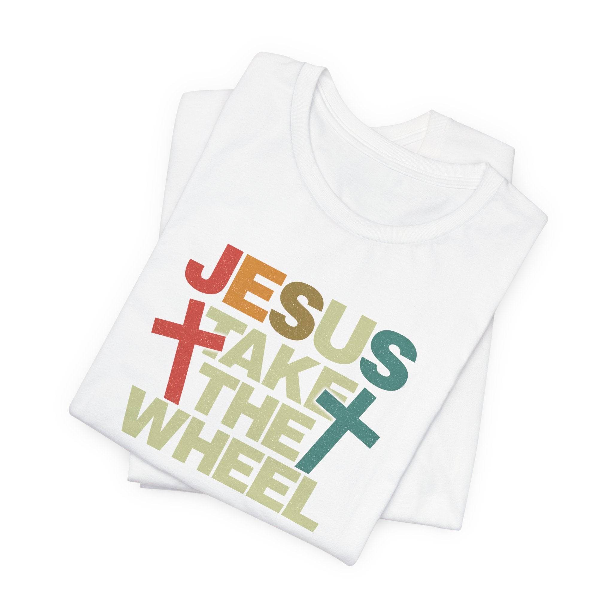 Jesus Take The Wheel Retro T-Shirt — Vintage Multicolour Faith Tee