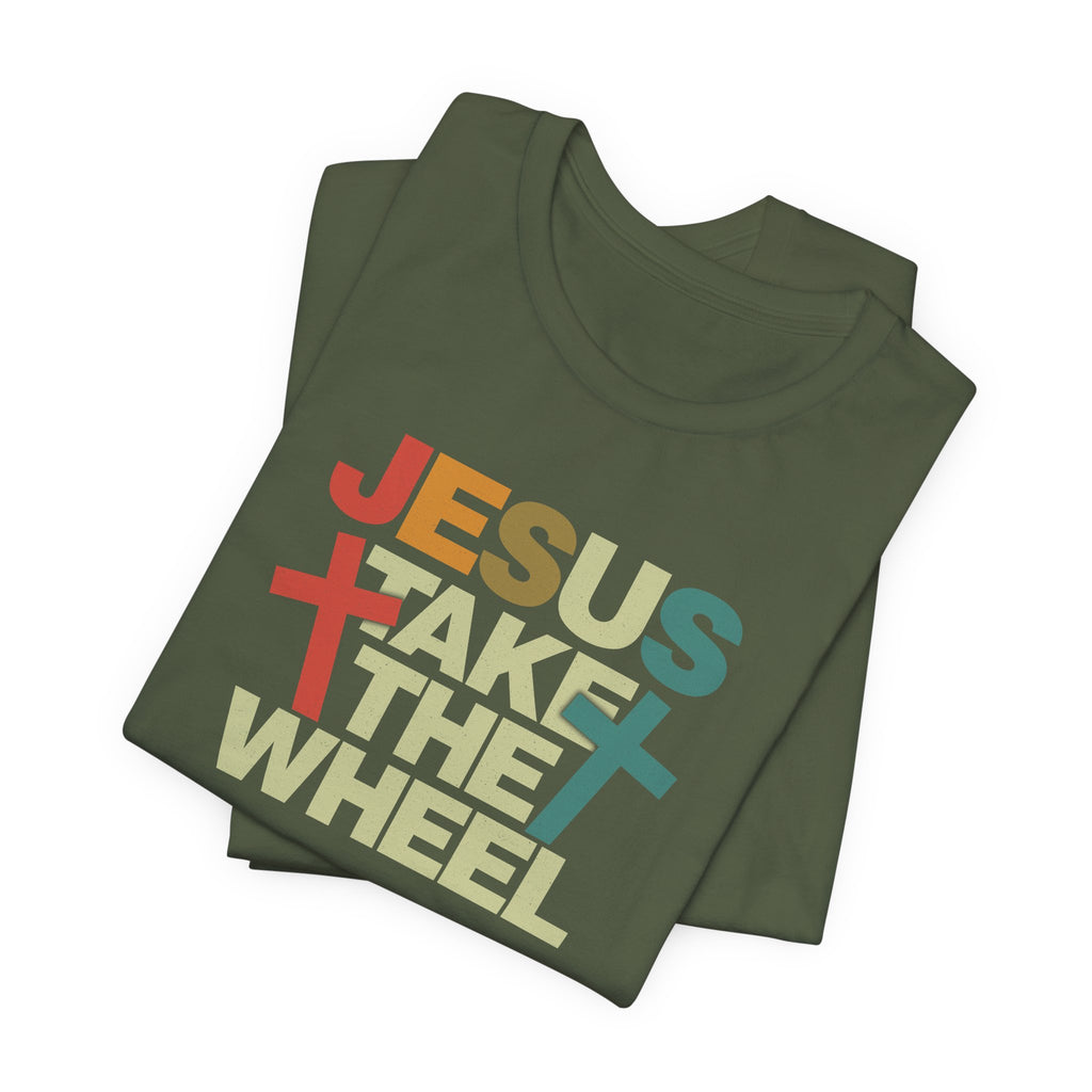 Jesus Take The Wheel Retro T-Shirt — Vintage Multicolour Faith Tee