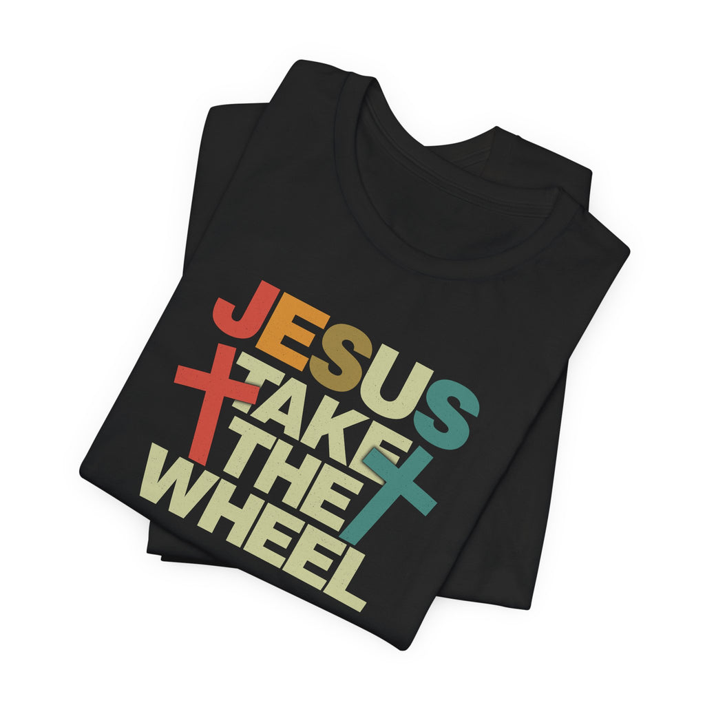 Jesus Take The Wheel Retro T-Shirt — Vintage Multicolour Faith Tee
