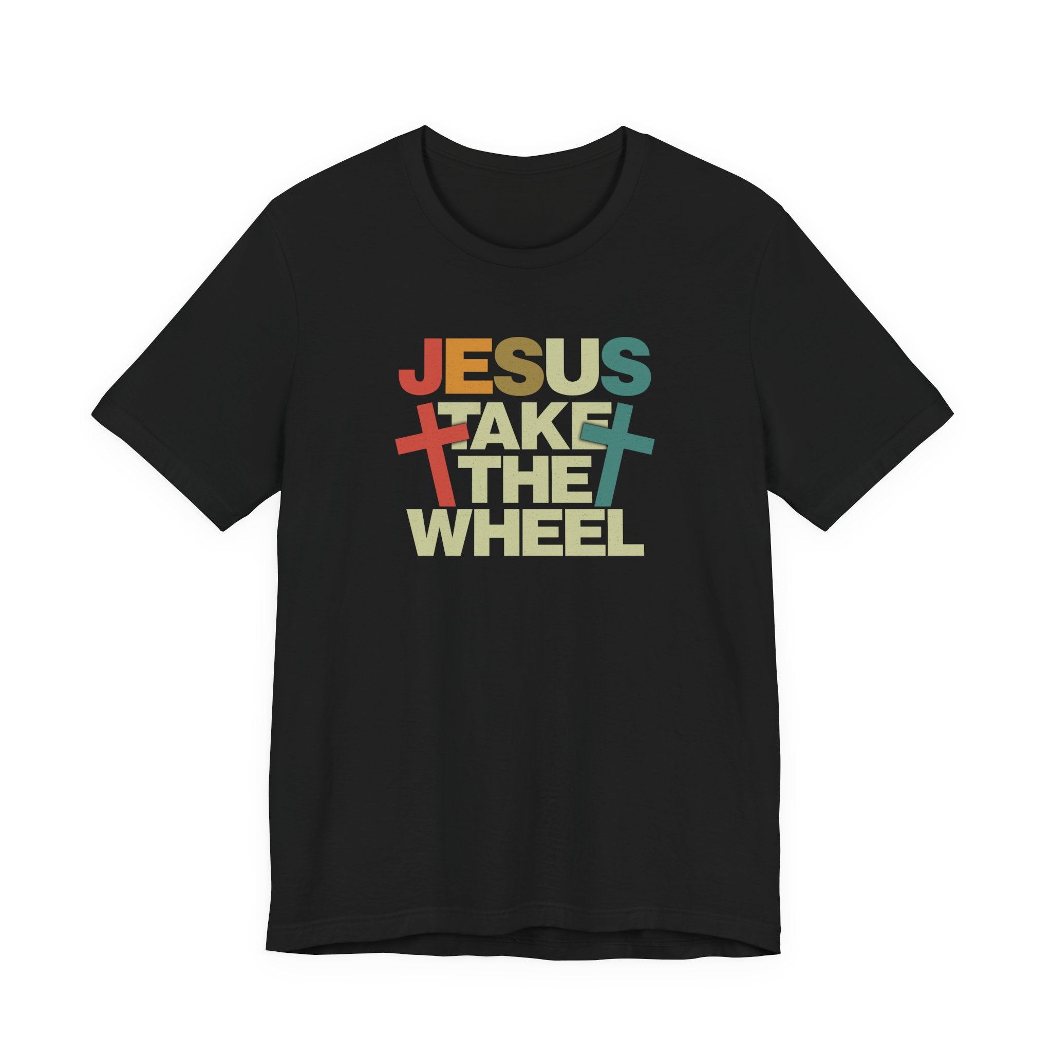 Jesus Take The Wheel Retro T-Shirt — Vintage Multicolour Faith Tee