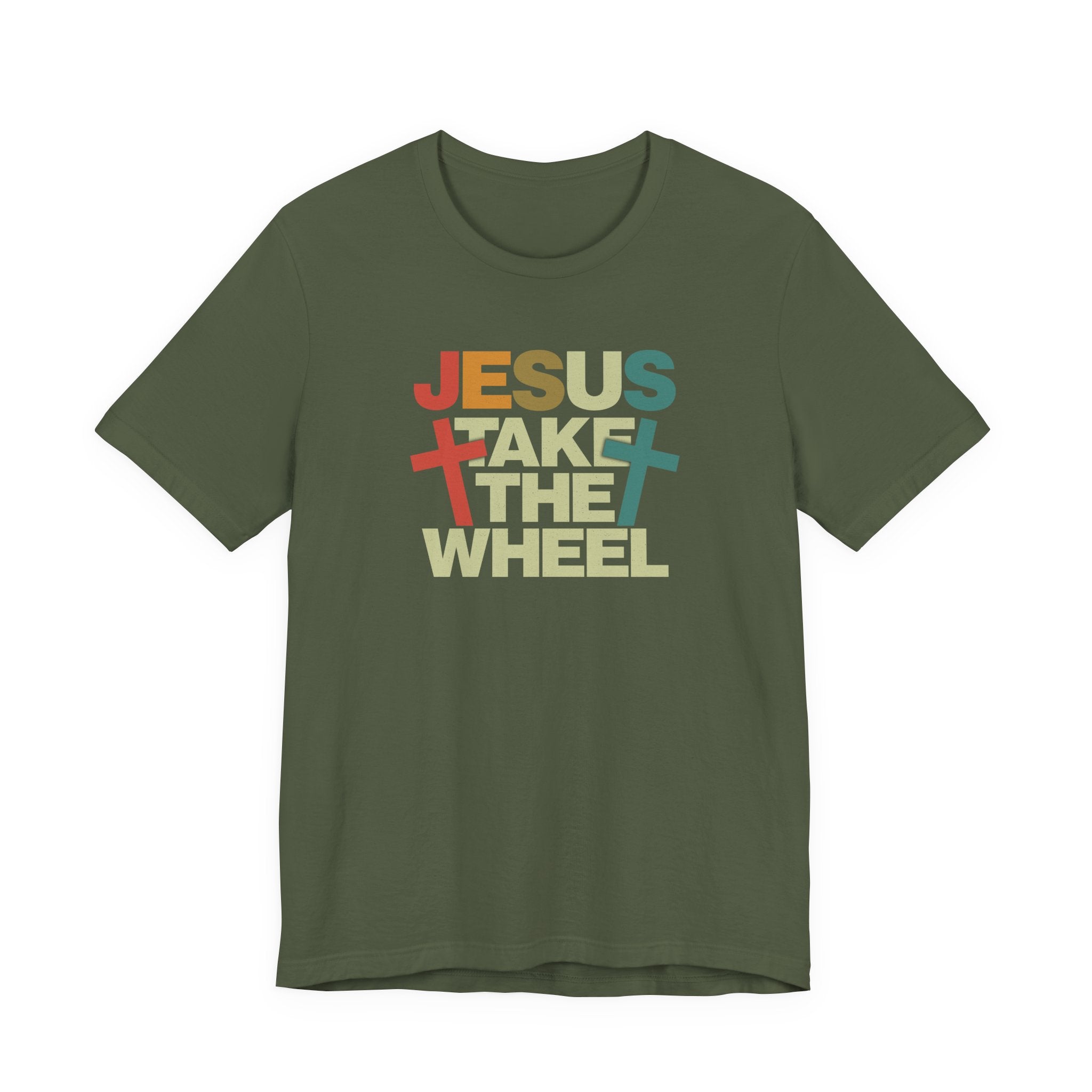 Jesus Take The Wheel Retro T-Shirt — Vintage Multicolour Faith Tee
