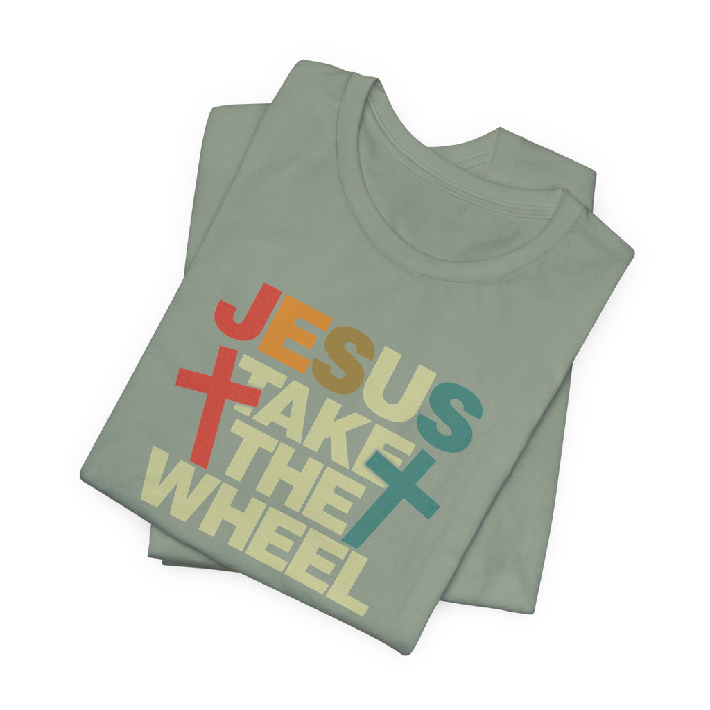 Jesus Take The Wheel Retro T-Shirt — Vintage Multicolour Faith Tee
