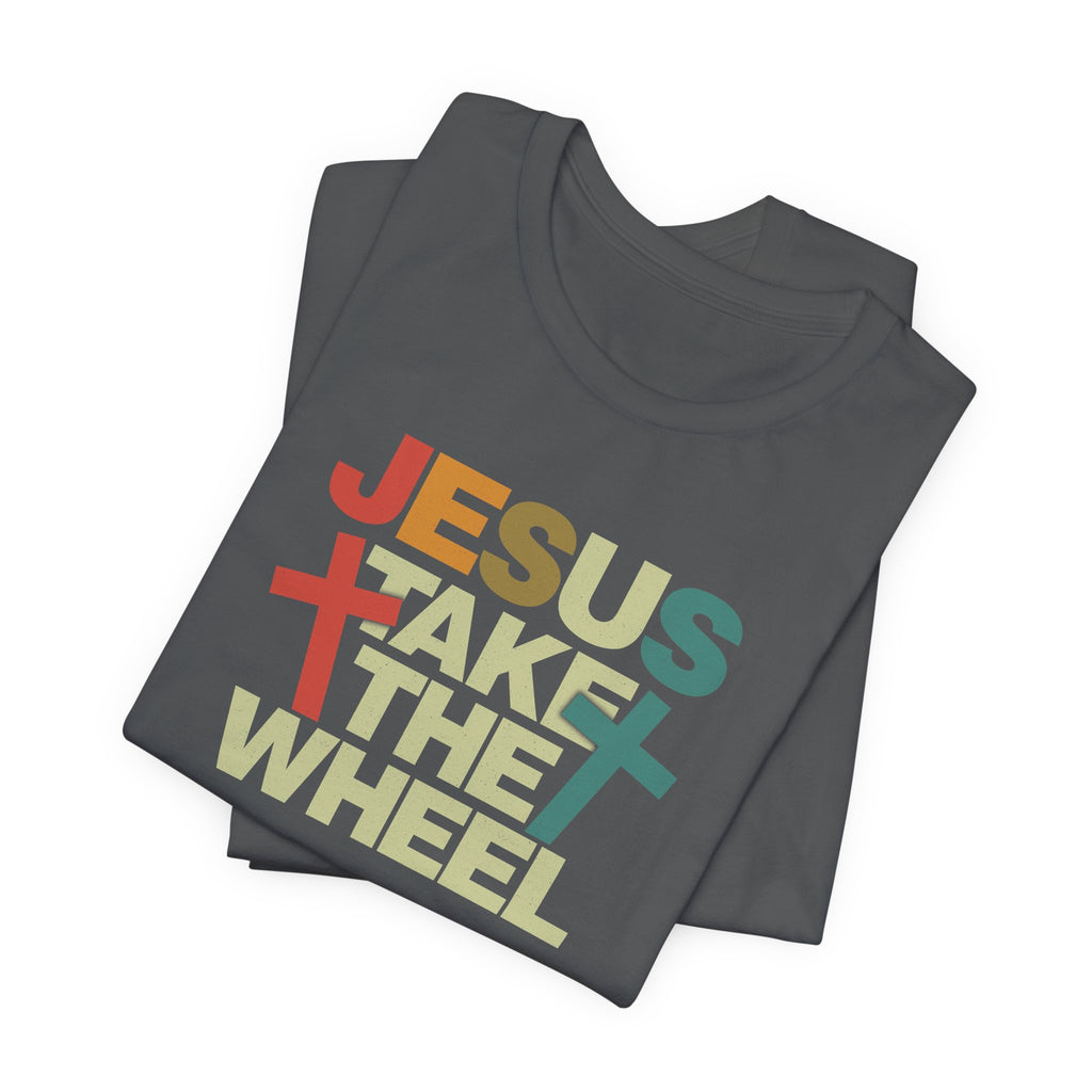 Jesus Take The Wheel Retro T-Shirt — Vintage Multicolour Faith Tee