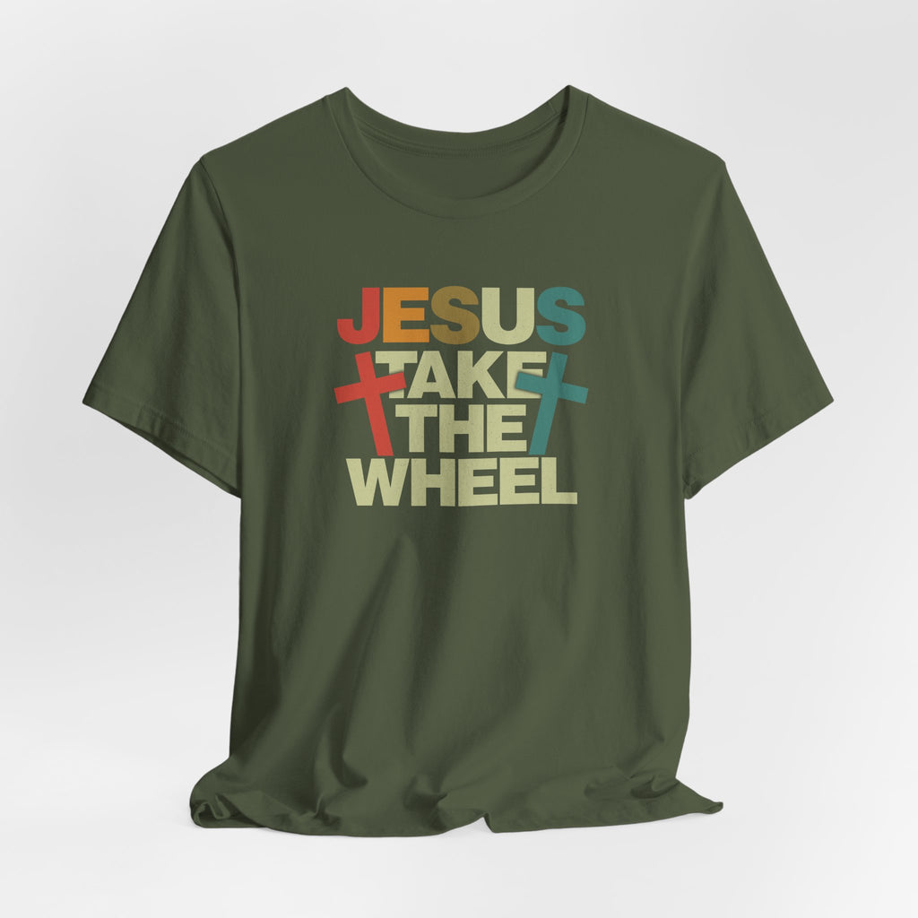 Jesus Take The Wheel Retro T-Shirt — Vintage Multicolour Faith Tee