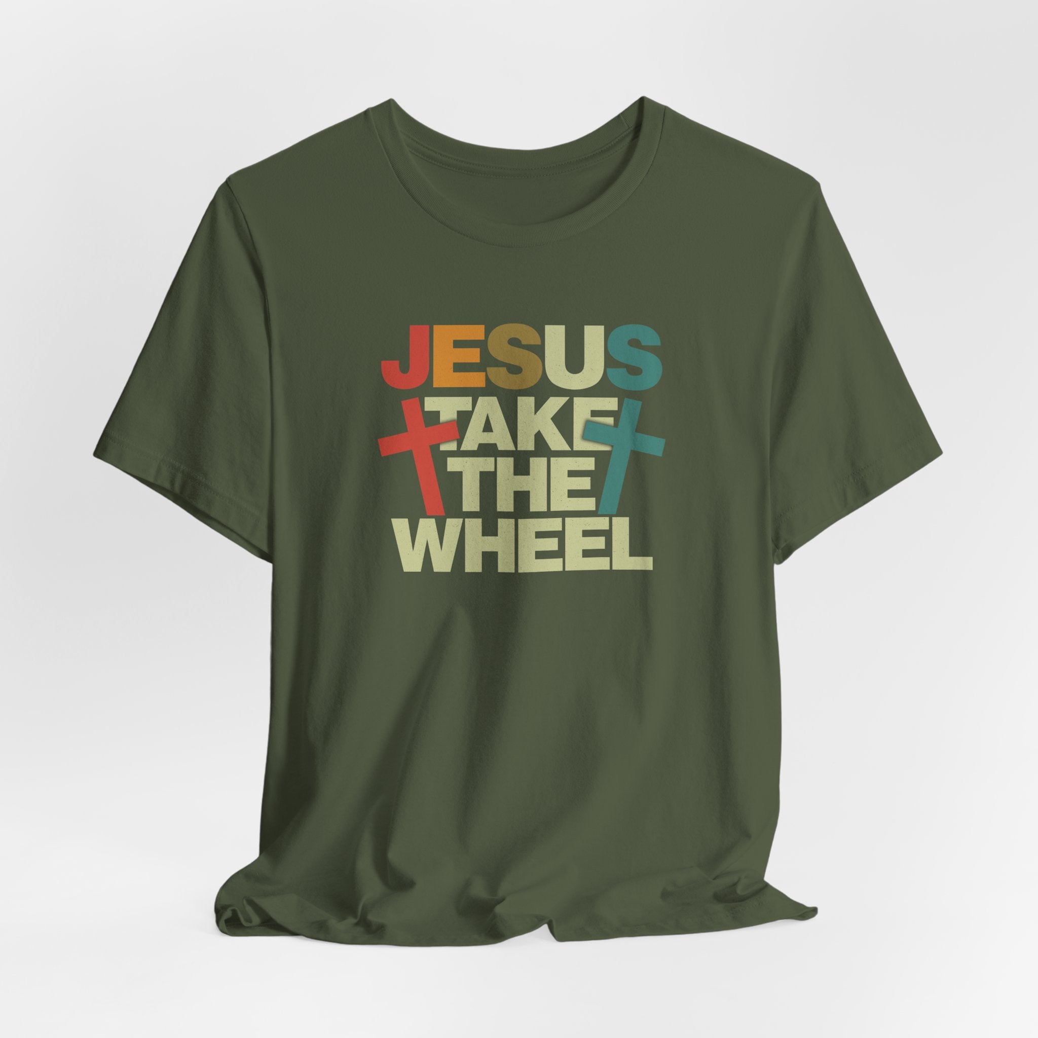 Jesus Take The Wheel Retro T-Shirt — Vintage Multicolour Faith Tee