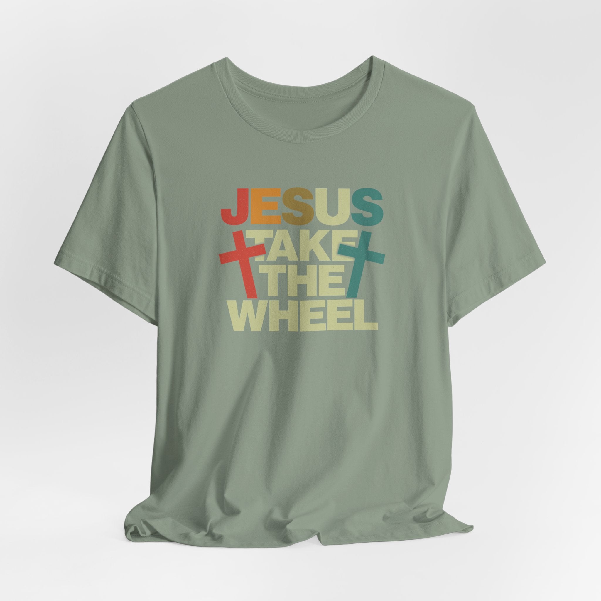 Jesus Take The Wheel Retro T-Shirt — Vintage Multicolour Faith Tee