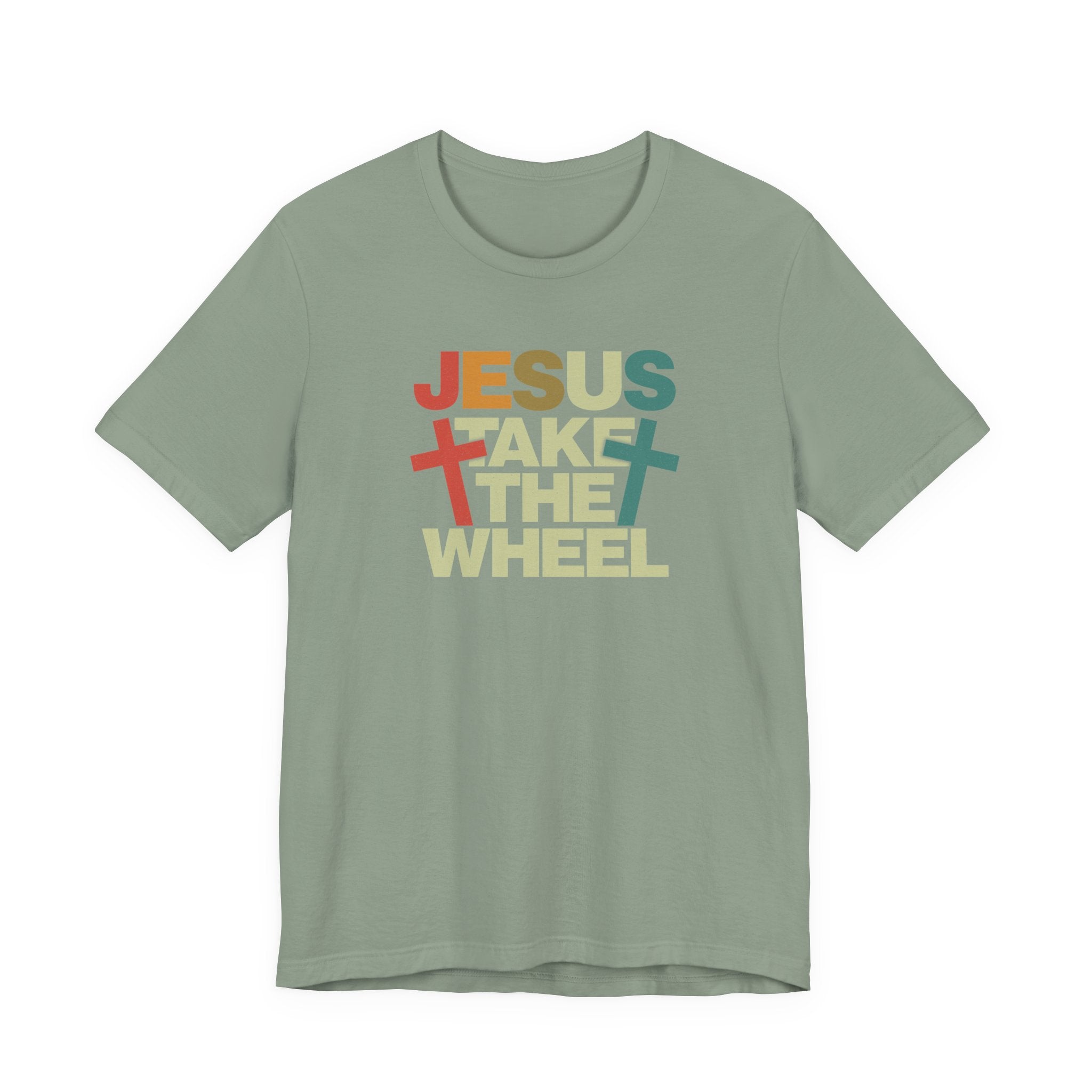 Jesus Take The Wheel Retro T-Shirt — Vintage Multicolour Faith Tee