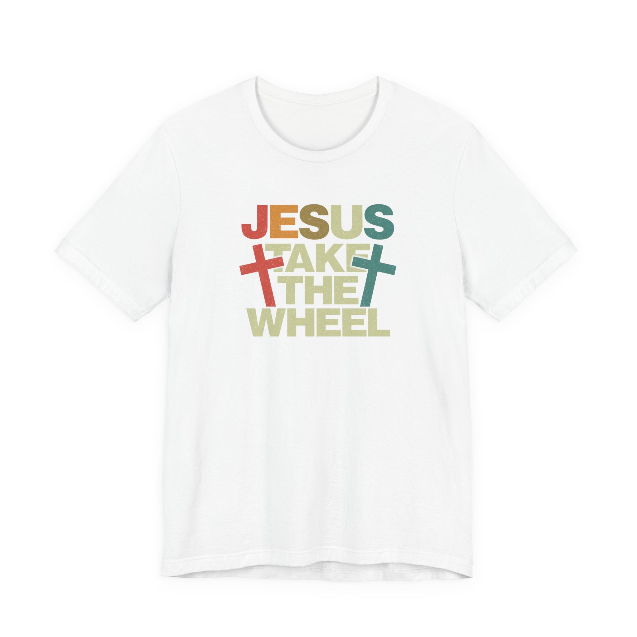 Jesus Take The Wheel Retro T-Shirt — Vintage Multicolour Faith Tee
