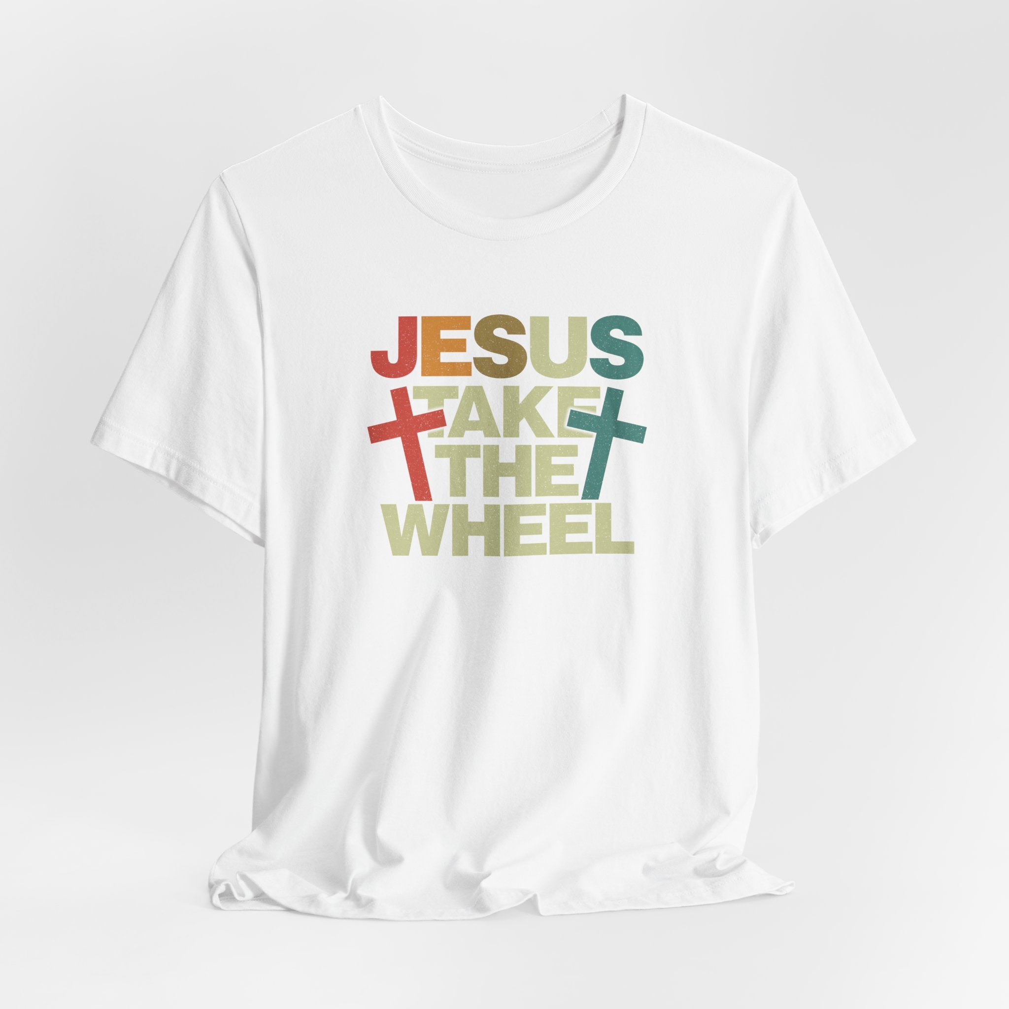 Jesus Take The Wheel Retro T-Shirt — Vintage Multicolour Faith Tee