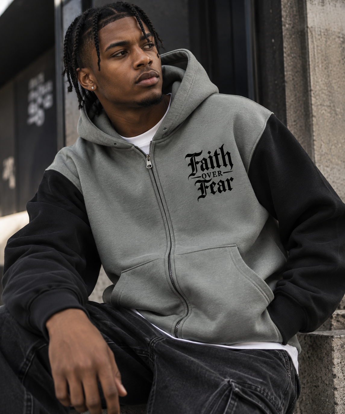 FAITH OVER FEAR COLOUR BLOCK FLEECE ZIP HOODIE