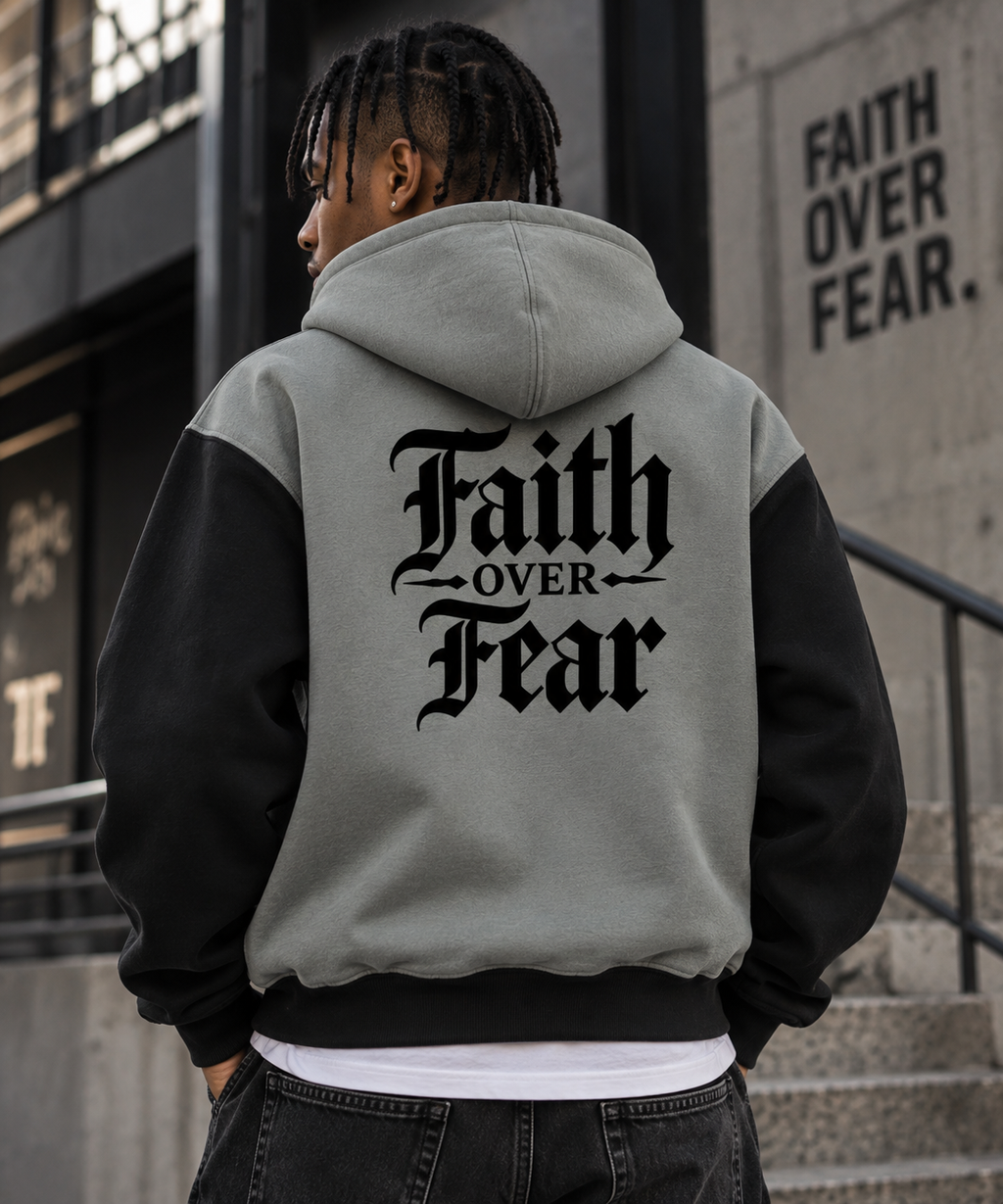 FAITH OVER FEAR COLOUR BLOCK FLEECE ZIP HOODIE