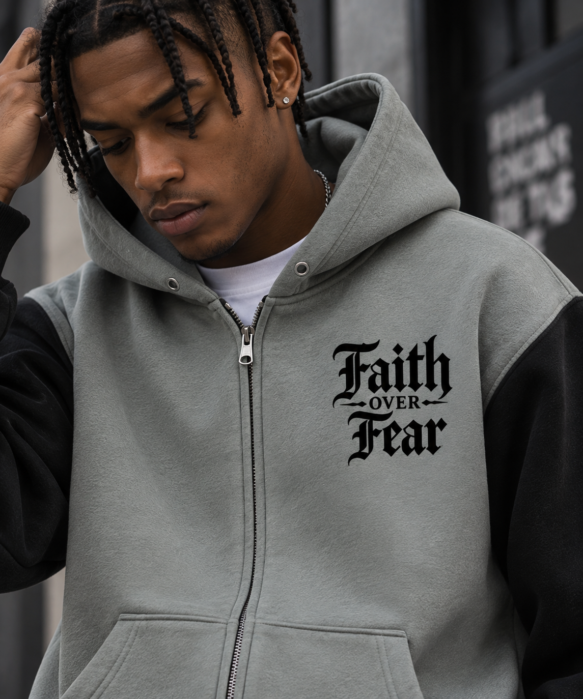 FAITH OVER FEAR COLOUR BLOCK FLEECE ZIP HOODIE