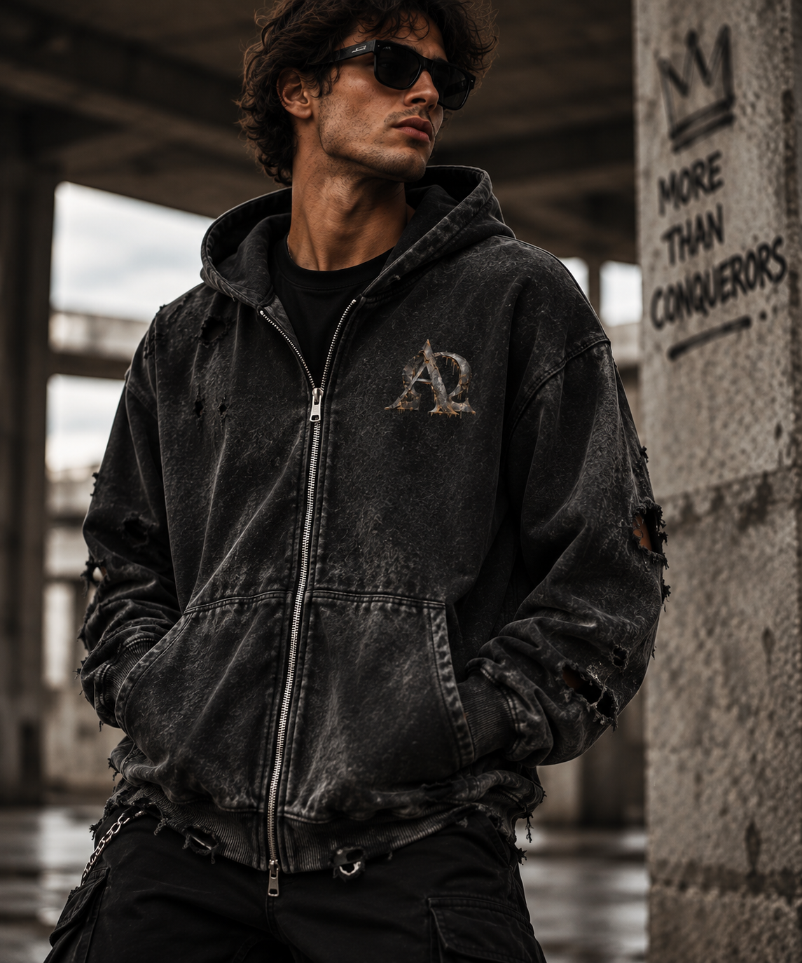 Alpha & Omega — Revelation Distressed Zip Hoodie — Black