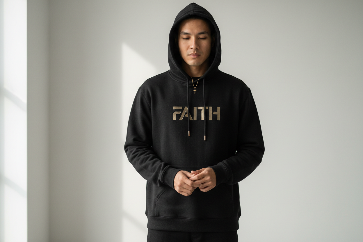 Dark hoodie lifestyle shot
